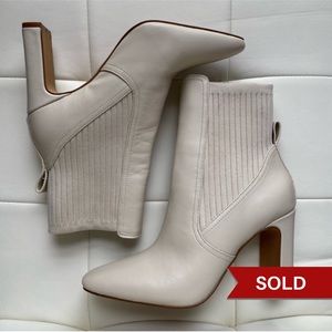 Vince Camuto Sarlaa Ribbed Boots Size US6.5M Cream Leather Square Toe Block Heel